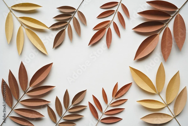 Fototapeta handcut paper leaves arranged in geometric patterns on white background, eco-friendly collage concept