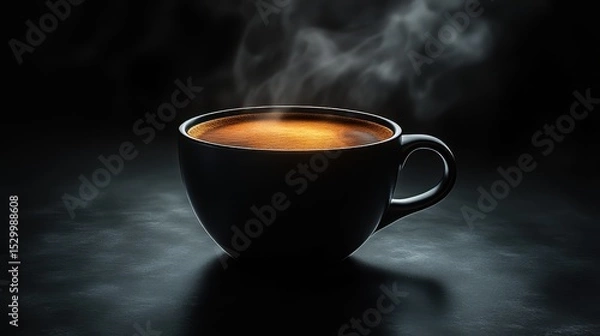 Obraz A steaming cup of coffee with rich, dark tones and a warm glow, set against a stark black background
