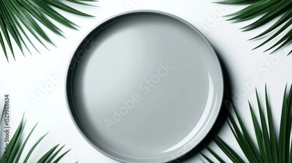 Obraz A minimalist composition featuring a sleek, empty plate surrounded by vibrant green palm leaves on a pristine white background