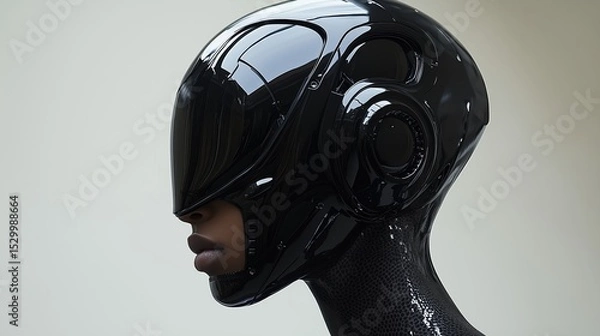 Fototapeta A close-up side profile of a futuristic cybernetic female model, featuring a glossy black helmet that partially obscures the face, with visible human lips, conveying a blend of advanced technology