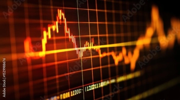 Obraz A dynamic graph with vibrant red and orange lines against a dark background, showcasing fluctuating data trends in a visually striking manner