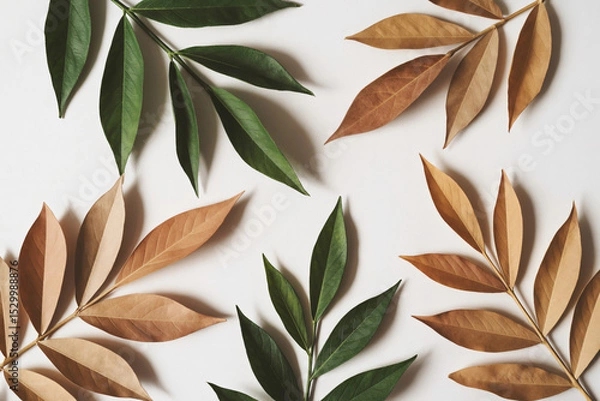 Fototapeta handcut paper leaves arranged in geometric patterns on white background, eco-friendly collage concept