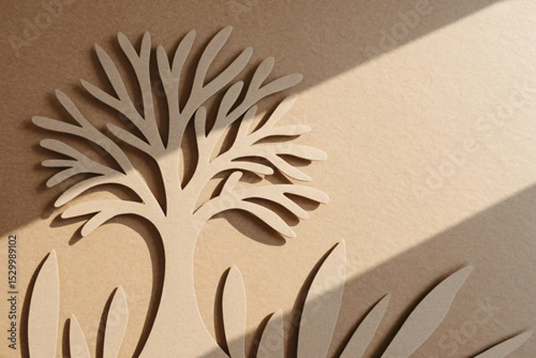Fototapeta recycled paper cutouts forming tree silhouettes, sustainable design elements scattered organically