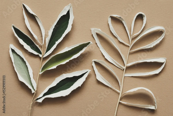 Fototapeta torn paper fragments forming botanical shapes, zero-waste artistic expression on neutral surface