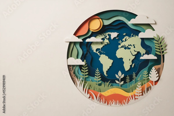 Fototapeta cut paper ecosystem elements, sustainability message through minimalist collage design, space for text