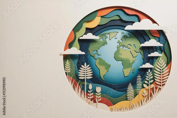 Fototapeta cut paper ecosystem elements, sustainability message through minimalist collage design, space for text