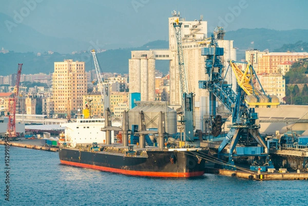 Obraz Bulk carrier at industrial port with cranes and city skyline, Savona