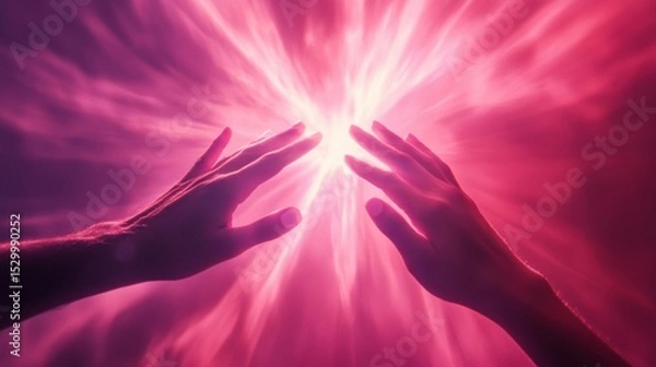 Obraz Two hands reach toward each other, fingertips touching in front of a blinding burst of rose-colored radiance