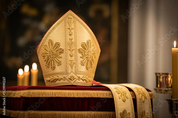 Fototapeta ornate golden bishop's mitre displayed on velvet altar cloth, intricate religious engravings 