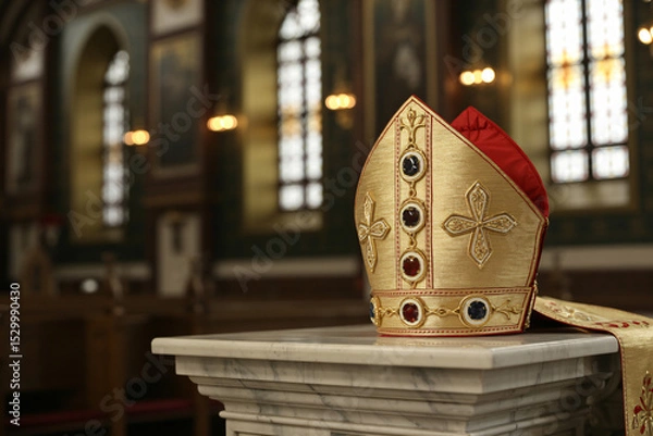 Fototapeta sacred golden mitre positioned on marble pedestal, elaborate ecclesiastical craftsmanship