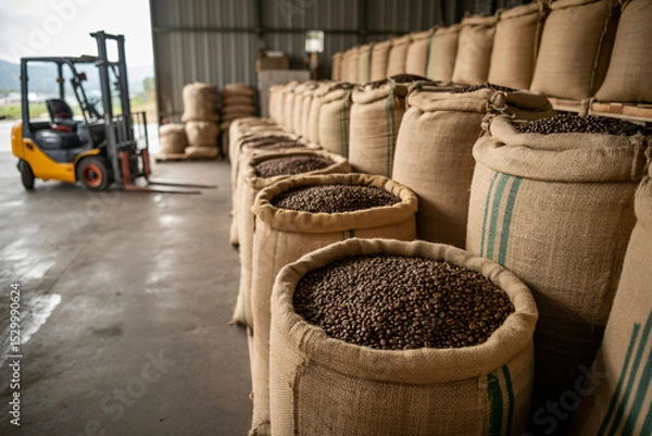 Fototapeta burlap hemp sacks filled with coffee beans in industrial warehouse, sustainable packaging solutions for bulk storage
