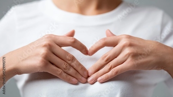 Obraz Woman making heart shape with hands on chest symbolizing World Heart Day awareness and care