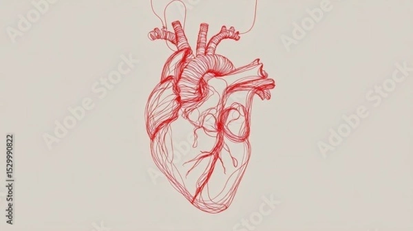 Obraz Minimal red anatomical heart line illustration for cardiology awareness and World Heart Day campaigns