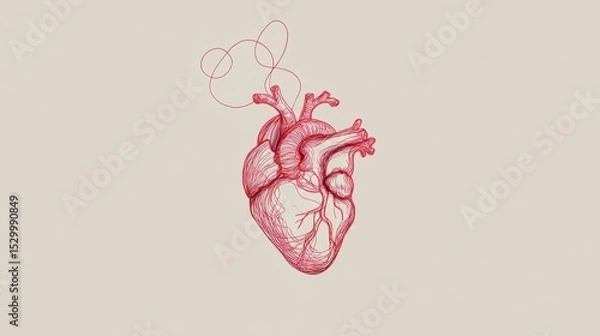 Obraz Minimal red anatomical heart line illustration for cardiology awareness and World Heart Day campaigns
