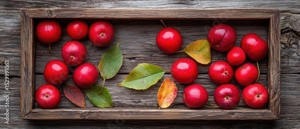 Obraz A rustic wooden crate overflowing with vibrant red crabapples, nestled amongst autumnal leaves on a weathered wooden surface