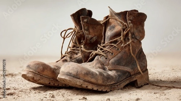 Obraz A Pair of Dusty Humanitarian Boots Symbolizing Aid Workers in Crisis Zones