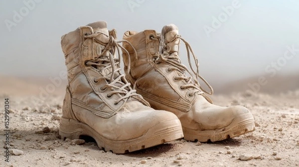 Obraz A Pair of Dusty Humanitarian Boots Symbolizing Aid Workers in Crisis Zones