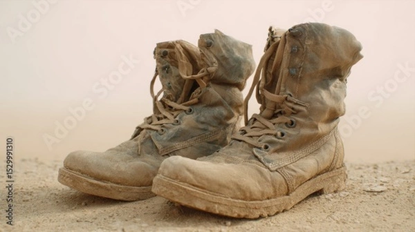 Obraz A Pair of Dusty Humanitarian Boots Symbolizing Aid Workers in Crisis Zones