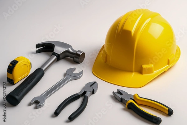 Fototapeta Construction Helmet And Tools Set Arranged Neatly On White Background For Industrial Concepts