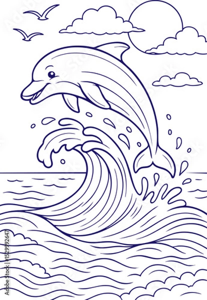 Obraz Dolphin jumping over ocean wave in black and white line art