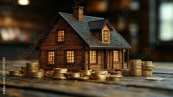 Fototapeta Tiny house model atop gold coin stacks on rustic wood