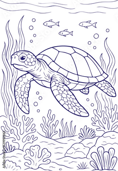 Obraz Sea turtle swimming in coral reef underwater line art style