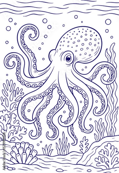 Obraz Octopus swimming in coral reef underwater scene line art style