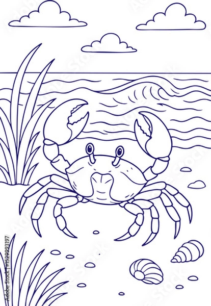 Obraz Crab on sandy beach with seashells in black and white line art