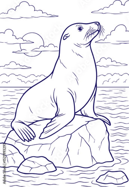 Obraz Sea lion resting on rock by ocean in black and white line art