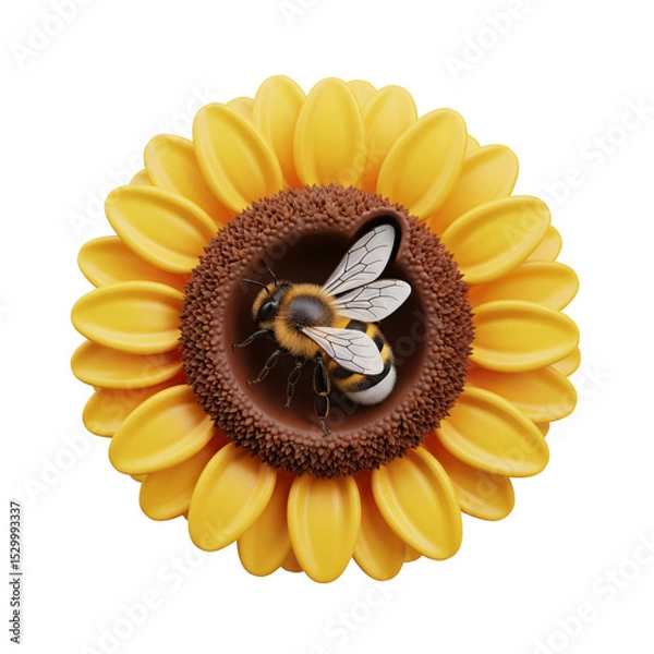 Fototapeta Detailed 3D Render of a Honey Bee Resting in the Center of a Bright Yellow Sunflower