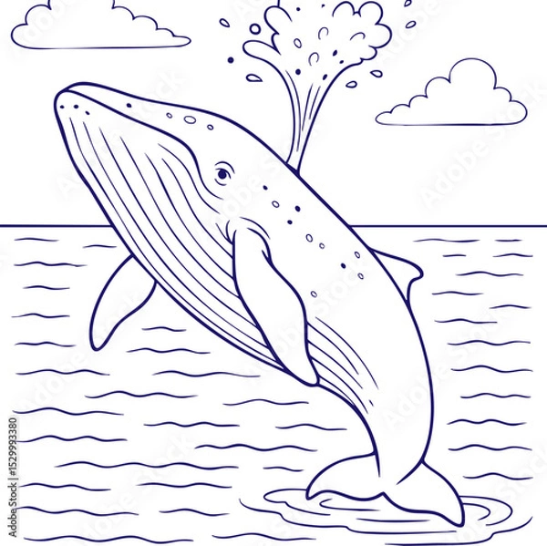 Obraz Whale jumping from ocean with water spray in line art style