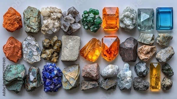 Fototapeta Varied minerals/crystals, arranged in rows