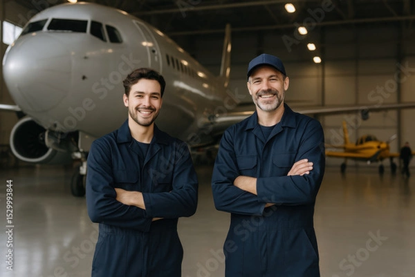 Fototapeta Two smiling aircraft maintenance technicians standing in airplane hangar with jet and small aircraft in background