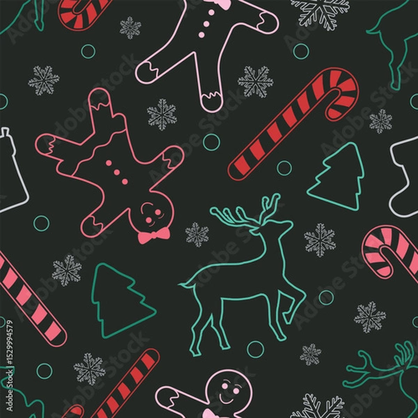 Fototapeta Christmas Outline Seamless Pattern. Christmas and New year Holiday Repeatable Pattern. Decorative Elements Texture for Wallpaper, Gift Wrapping paper, Card or Banner Template or Fabric Textile Prints.