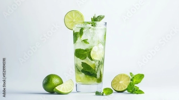 Fototapeta A refreshing mojito cocktail with lime and mint on a bright white background