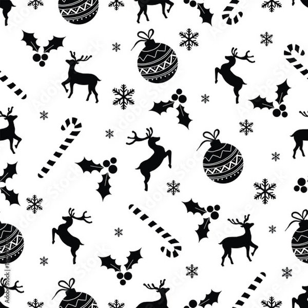 Fototapeta Vector decorative Christmas and new year Seamless Pattern. Christmas ornamental silhouette balls, deers, snowflakes, holly berries and candy texture background holiday greeting card backdrop template.