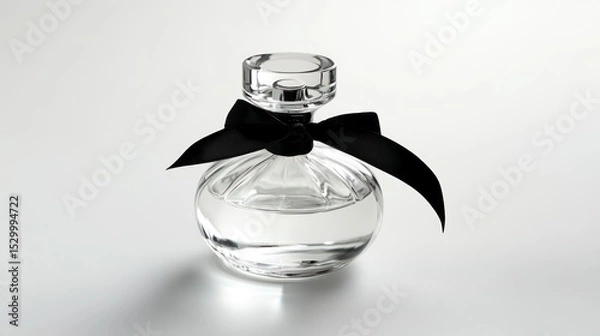 Obraz A clear glass perfume bottle with a black ribbon on a white background