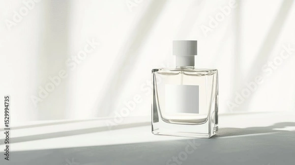 Obraz Clear glass perfume bottle with white label and cap on a white surface
