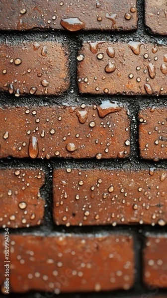 Fototapeta Wet brick wall, droplets cling to surface, close-up view
