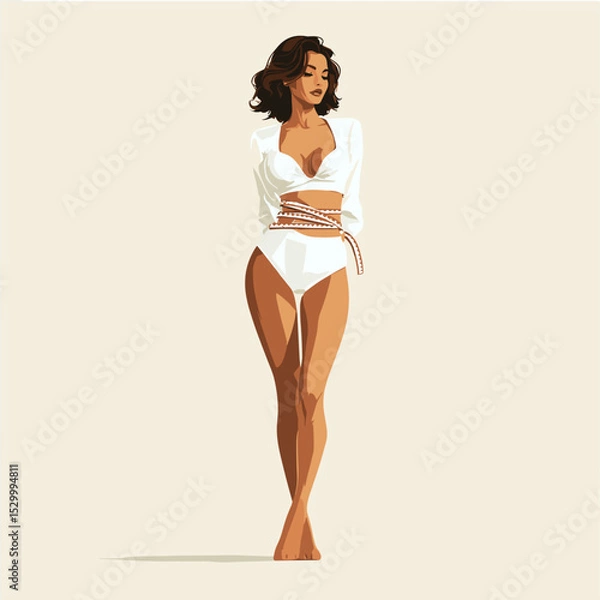 Fototapeta vector girl taking waist measurements on white background.Generative AI