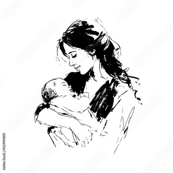 Fototapeta vector drawing of a woman holding a newborn baby in her arms on a white background.Generative AI