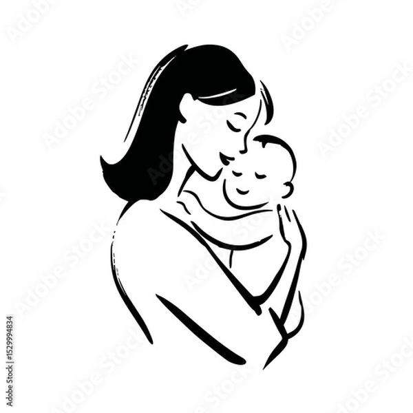 Fototapeta vector drawing of a woman holding a newborn baby in her arms on a white background.Generative AI