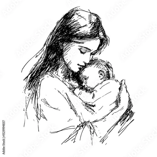 Fototapeta vector drawing of a woman holding a newborn baby in her arms on a white background.Generative AI