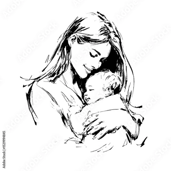 Fototapeta vector drawing of a woman holding a newborn baby in her arms on a white background.Generative AI