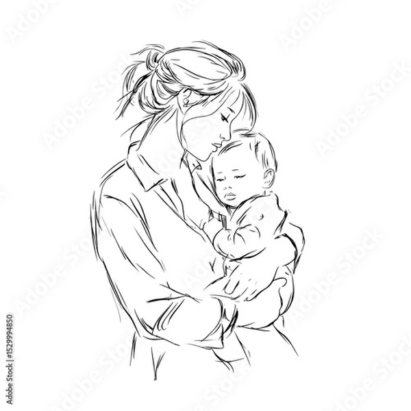 Fototapeta vector drawing of a woman holding a newborn baby in her arms on a white background.Generative AI