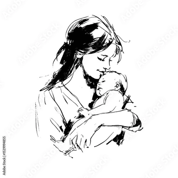 Fototapeta vector drawing of a woman holding a newborn baby in her arms on a white background.Generative AI