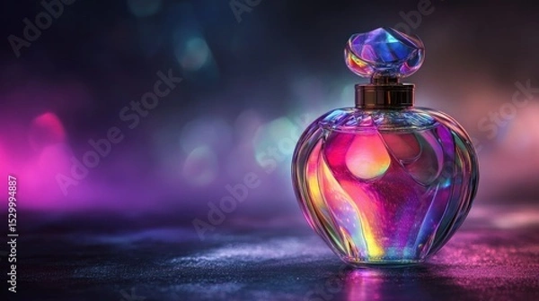 Obraz Iridescent perfume bottle with a faceted glass stopper on a dark surface