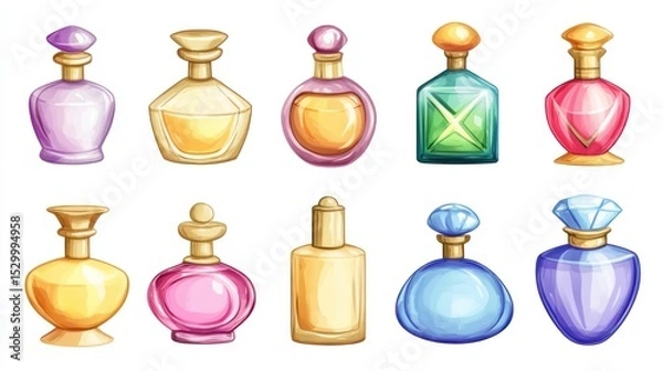 Obraz Illustration of ten colorful perfume bottles with different shapes and lids