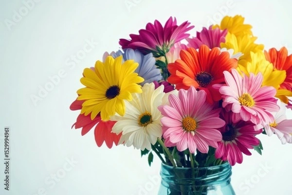 Obraz Assorted colorful gerbera daisies in a blue glass jar on a white background
