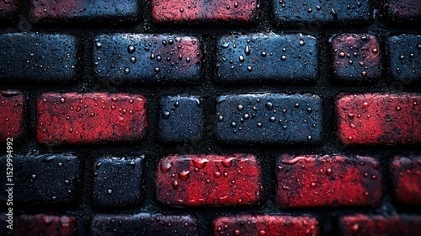 Fototapeta Wet bricks, red and dark, close-up texture, slightly soft
